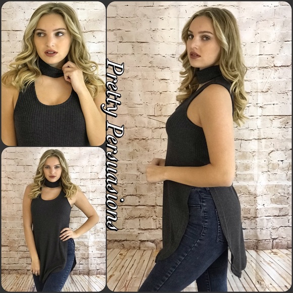 LAST 1‼️Charcoal Gray Ribbed Choker Sleeveless Top - Picture 3 of 4