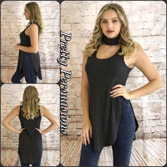 LAST 1‼️Charcoal Gray Ribbed Choker Sleeveless Top - Picture 4 of 4