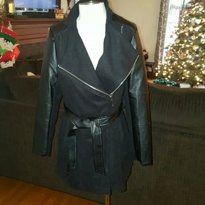 Black asymmetrical faux leather sleeves jacket