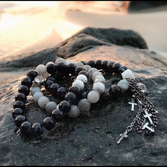 Black Onyx jasper bracelet stack (3)per set