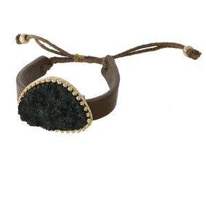 Brown Faux Leather Bracelet with Faux Druzy