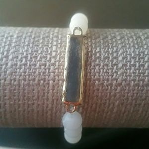 White Beaded Stretch Bracelet with Faux Druzy
