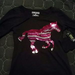 Long Sleeve Pnk/Silvr Horse Sequin Tee - Girls 7/8