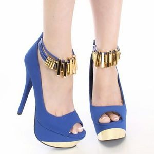 Qupid Cobalt Blue Beaded Ankle Strappy Heels
