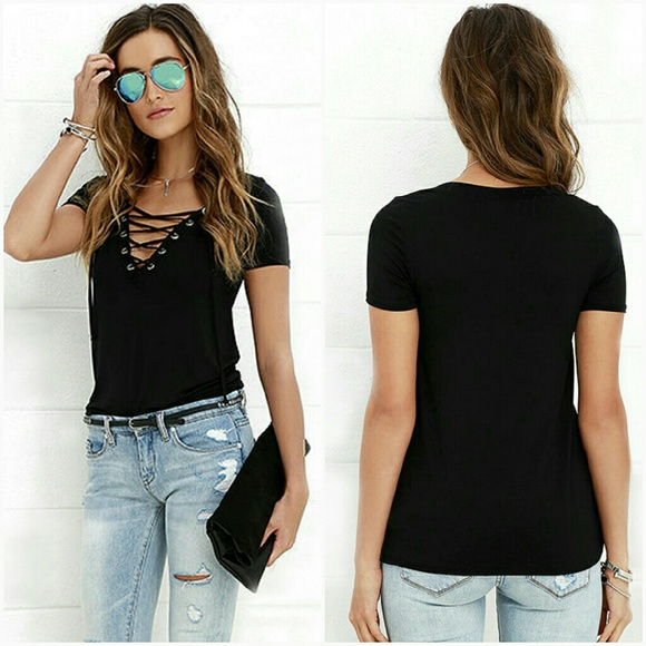 Sexy v neck tee with lace up top - Picture 3 of 4