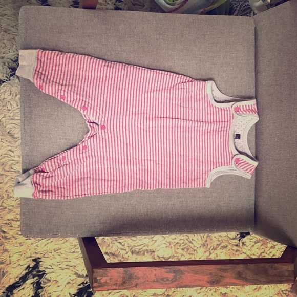 TEA COLLECTION pink stripe romper. 6-12 months.