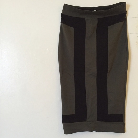 Olive green long pencil skirt.