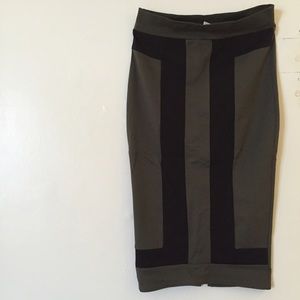 Olive green long pencil skirt.