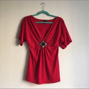 Red Embellished Blouse - Dressy - Plunge
