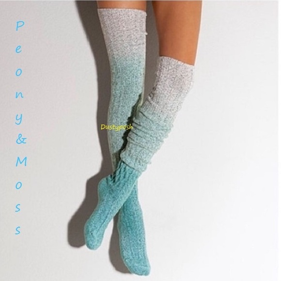 Peony and Moss Thigh High Cable Knit Socks Blue Anthropologie Warm Ombré Socks - Picture 1 of 8
