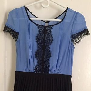 Max and Cleo: blue & black, chiffon & lace dress.