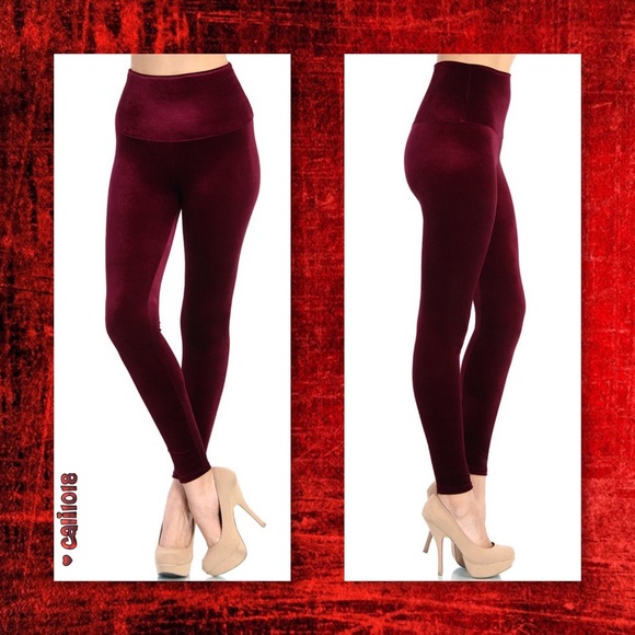 1 LEFT🆕Burgundy Velvet High Waist Leggings - Picture 2 of 3