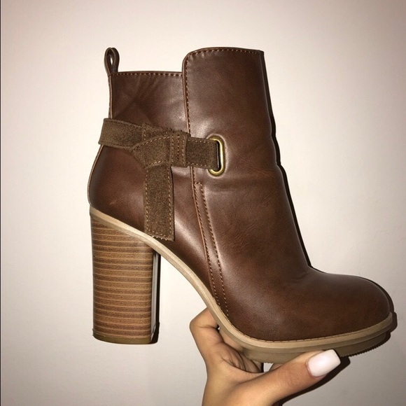 Brown Leather Chunky Heel Booties