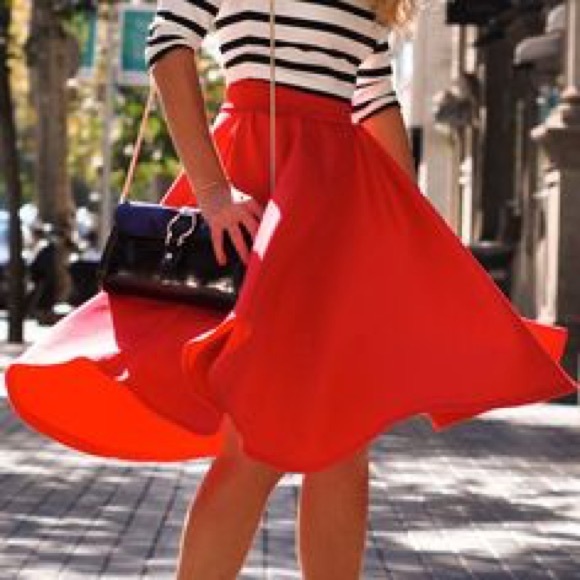 High Waisted Midi Flare Red Skirt