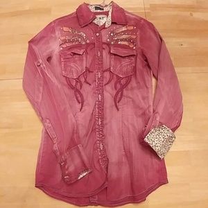 Roar Dark Pink Western Button Up Small