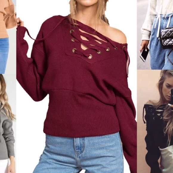 Burgundy Chunky Lace Up Sweater - Picture 2 of 2