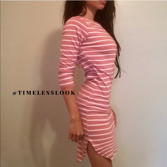 Mauve white stripes curved hem mini dress - Picture 2 of 3