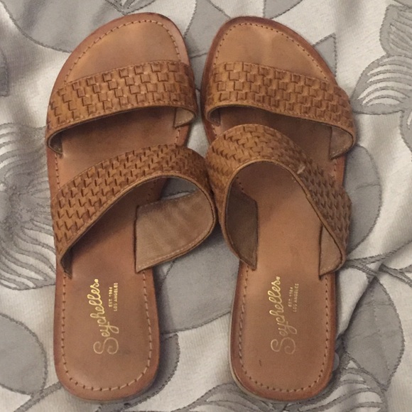 Tan leather slides