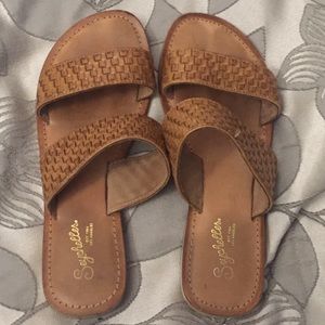 Tan leather slides