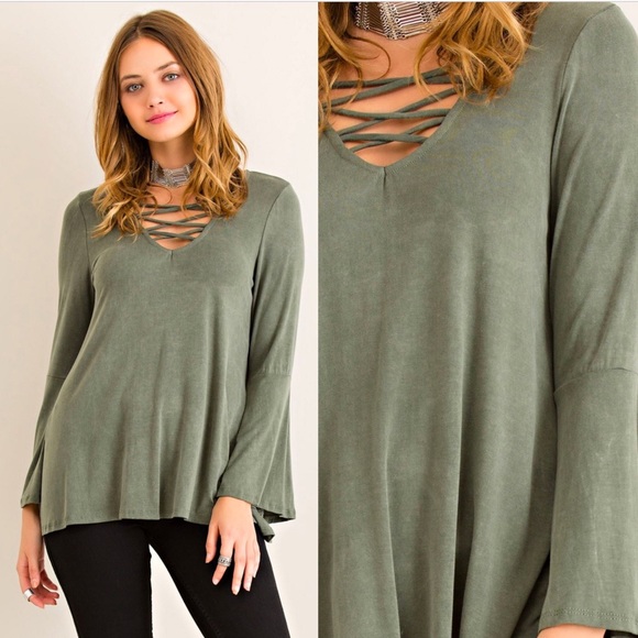 SALE Olive CrissCross Bell Sleeve Blouse - Picture 3 of 4