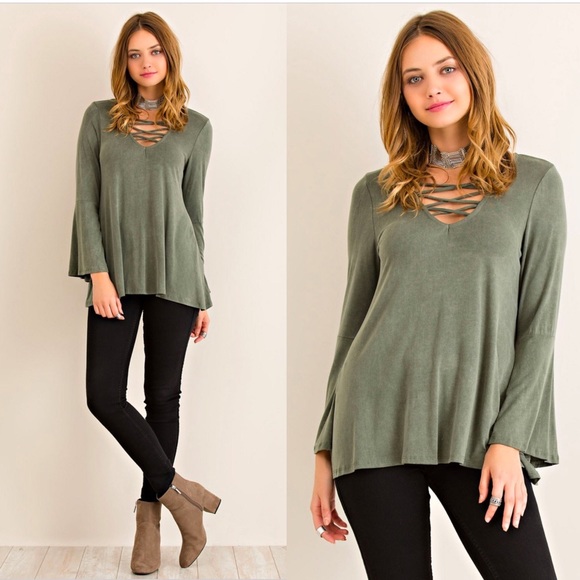 SALE Olive CrissCross Bell Sleeve Blouse - Picture 2 of 4