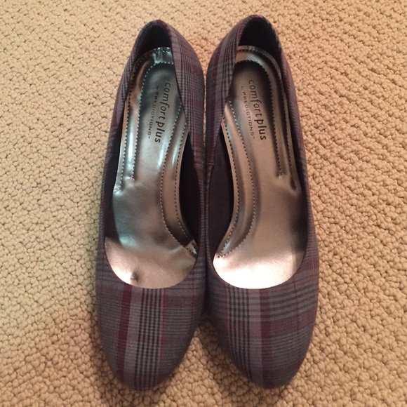 Plaid Burgundy, Gray, and Black Heels