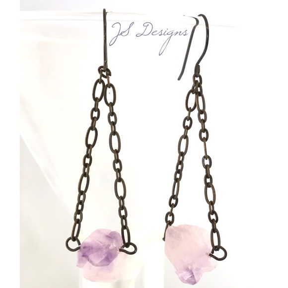 One of a Kind Brass and Amethyst Nugget Earrings - Picture 2 of 2