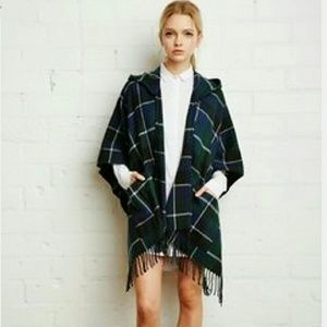 Green & Blue Hooded Plaid Poncho Sweater One Size