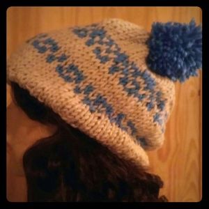 Knit Slouchy Snow Ski Pom Pom Beanie Linen & Blue