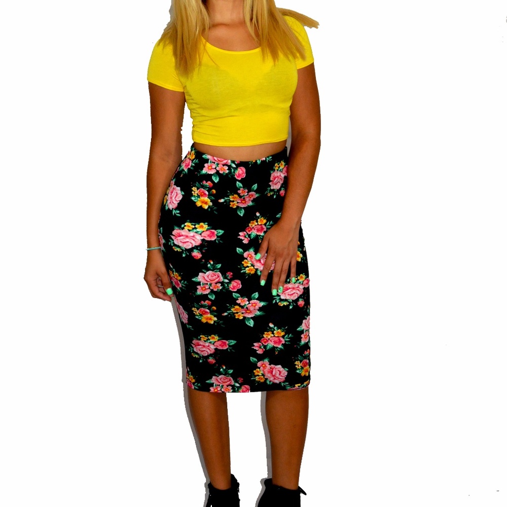 Black Floral Midi Pencil Skirt