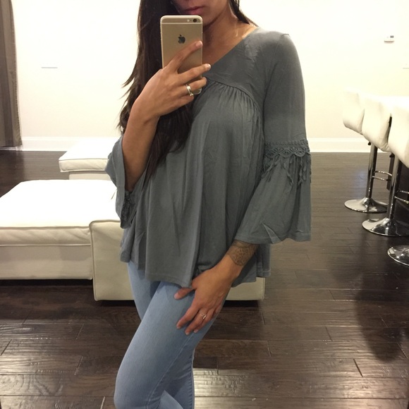 Lace Trim Bell Sleeve Babydoll Top - Picture 3 of 4