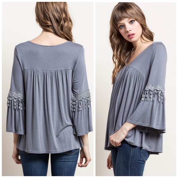 Lace Trim Bell Sleeve Babydoll Top - Picture 2 of 4