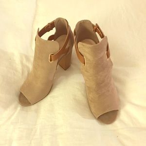 Tan faux suede peep toe booties