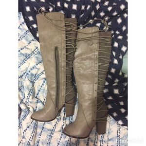 Grey/taupe lace up back boots (knee high)