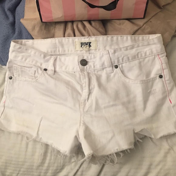 Pink white distressed shorts