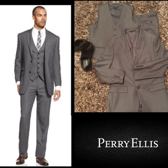 Perry Ellis Portfolio Suit StretchSharkskin Vested - Picture 2 of 4