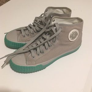 PF Flyer high tops in gray with green soles