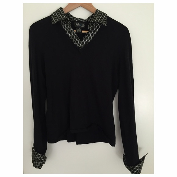 Long sleeve black knit shirt with collar/cuff - Picture 1 of 4