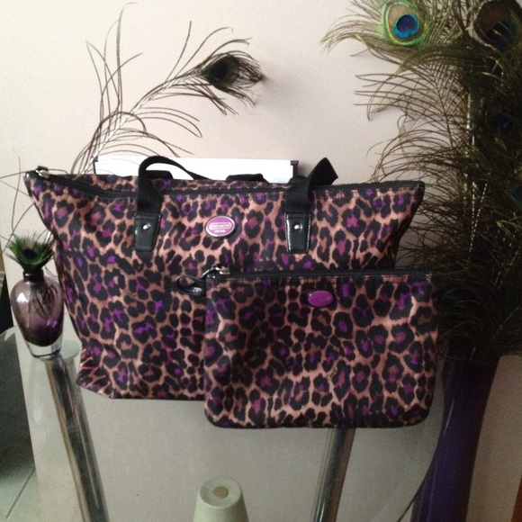 COACH PURPLE LEOPARD OCELOT TOTE & POUCH SET