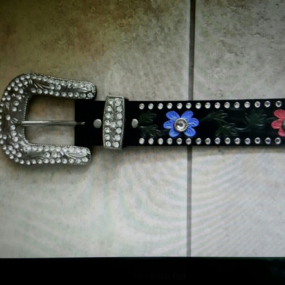 Anthropolgie rhinestone  blk flower belt leather main image 4