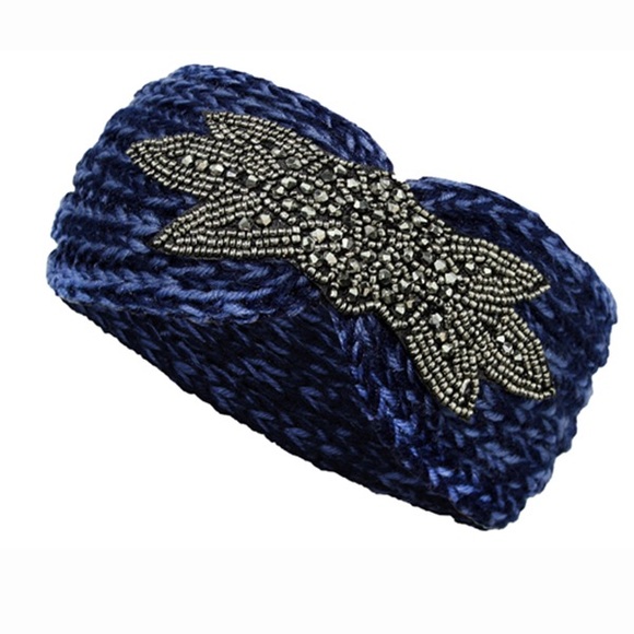Blue Knit Rhinestone Flower Headband Hairband Head