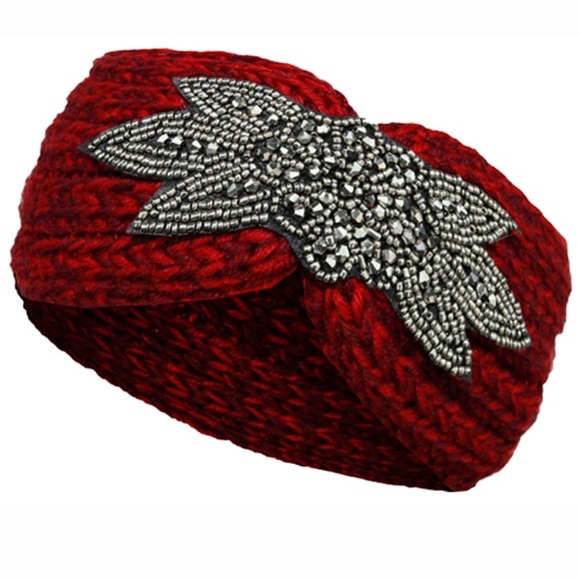 Red Knit Rhinestone Flower Headband Hairband