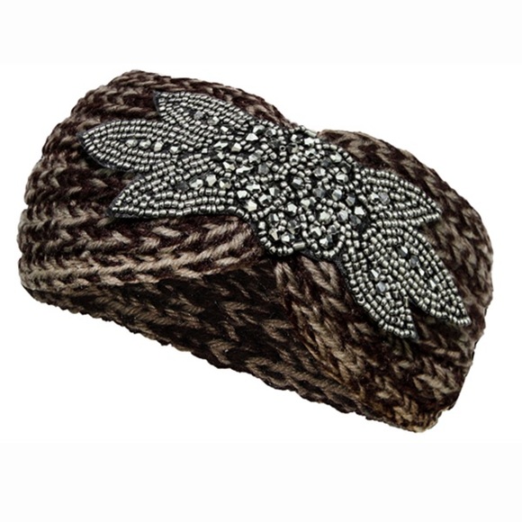 Brown Knit Rhinestone Flower Headband Hairband