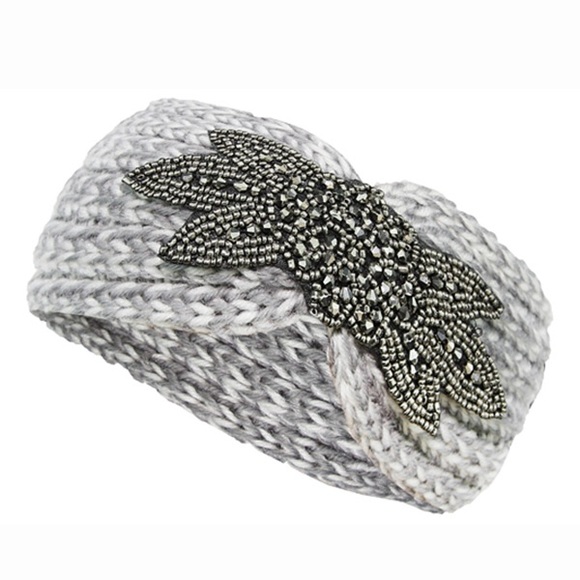 White Knit Rhinestone Flower Headband Hairband