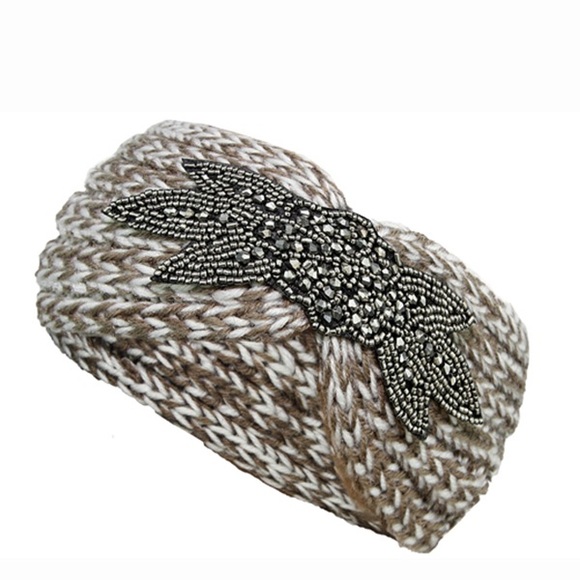 Khaki Knit Rhinestone Flower Headband Hairband