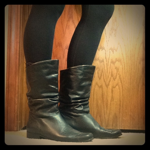 Black leather boots, calf length