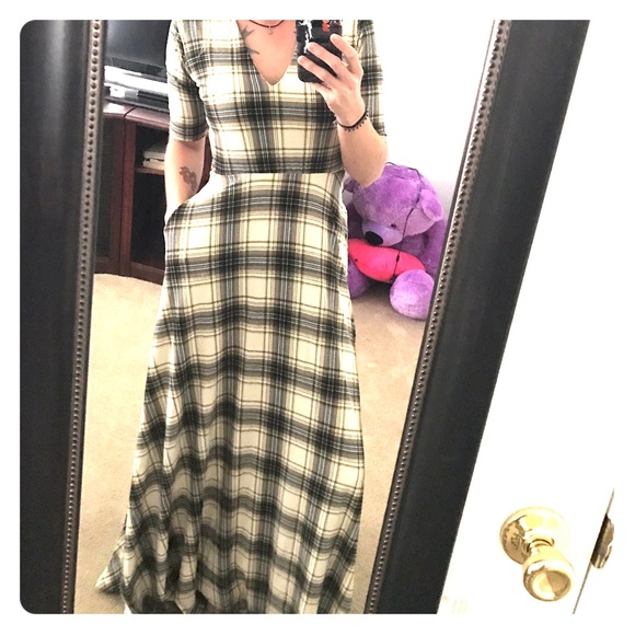 Plaid navy blue and tan dress
