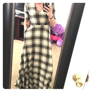 Plaid navy blue and tan dress