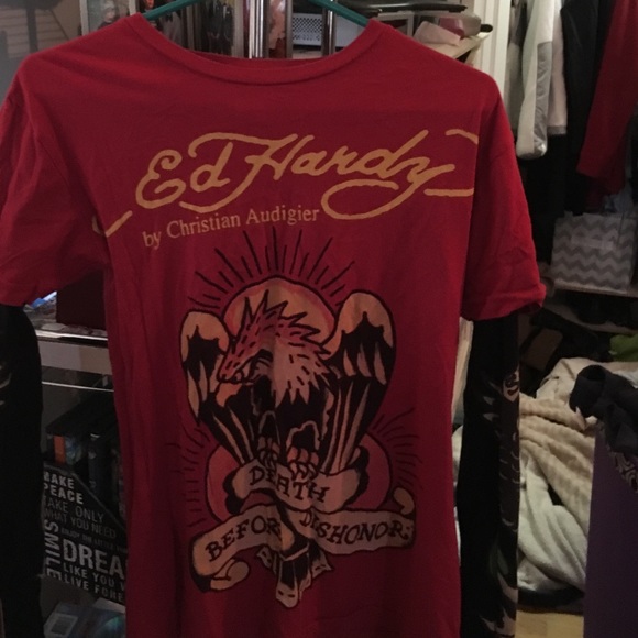 *%* Ed hardy red layered long sleeve shirt