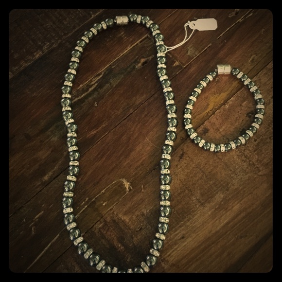 Black onyx and Crystal Necklace and Bracelet SET